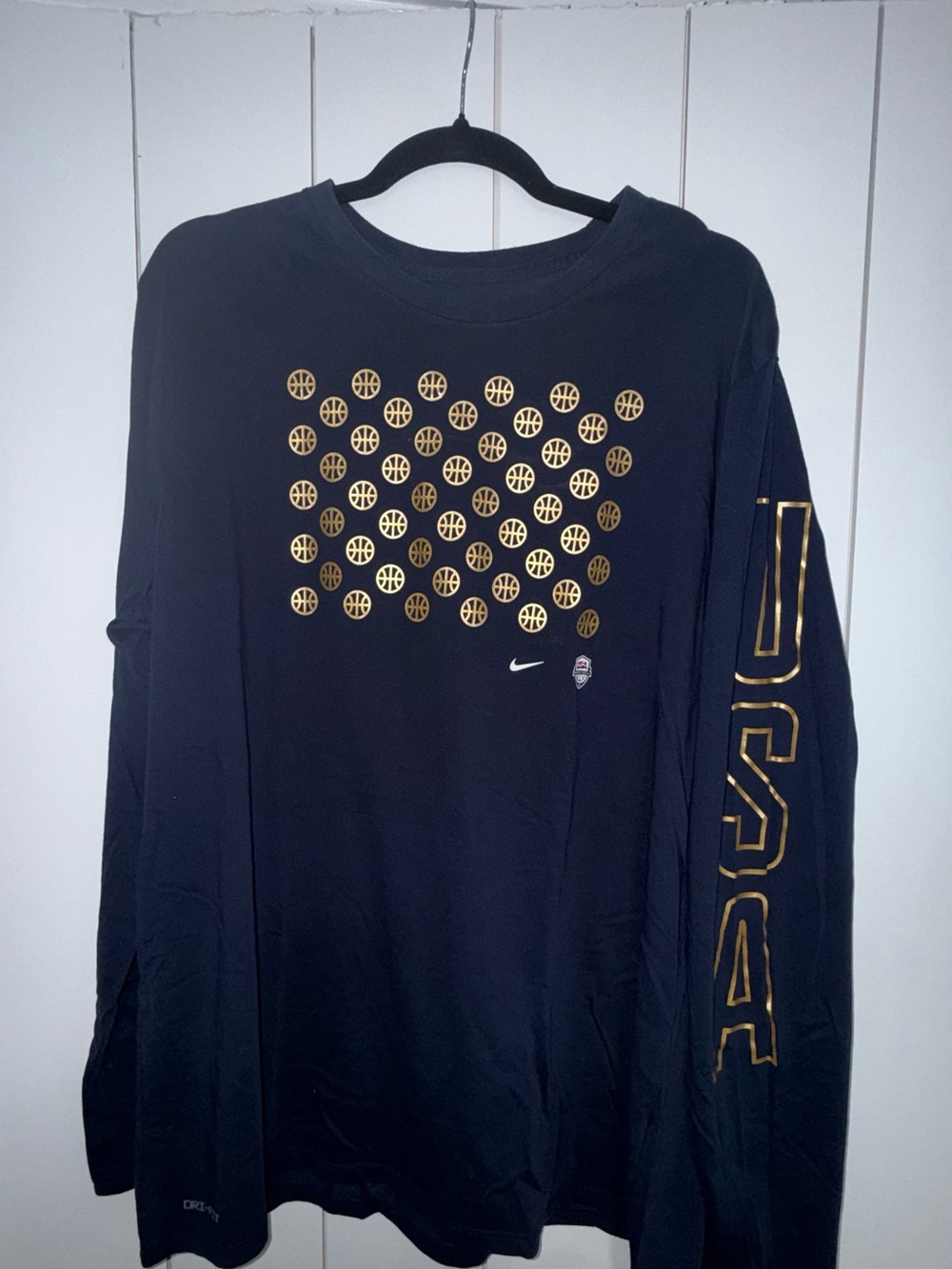 Nike Navy Blue Long-Sleeve Shirt with Gold Basketball Dot Graphic and USA Sleeve